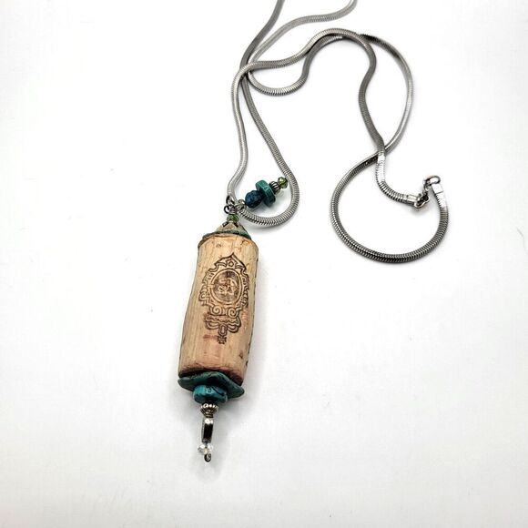 Handcrafted Wine Cork Pendant Necklace Boho Tribal Style Turquoise Beads 30" - Picture 2 of 7